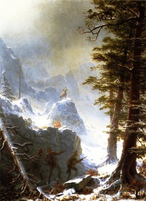 Three Hunters Stalking a Big Horn Sheep in a Snow Squall by Albert Bierstadt Oil Painting Reproduction