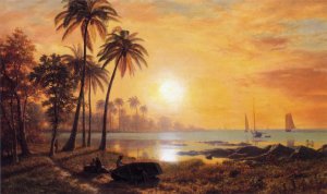 Tropical Landscape with Fishing Boats in Bay by Albert Bierstadt Oil Painting Reproduction